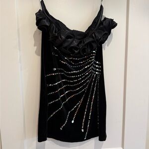 Black One-Shoulder Ruffle Velvet Top with Iridescent Embellishments